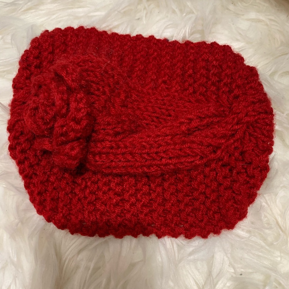 💙 Red Knit Ear Warmer Headband w/ Flower - Picture 2 of 5